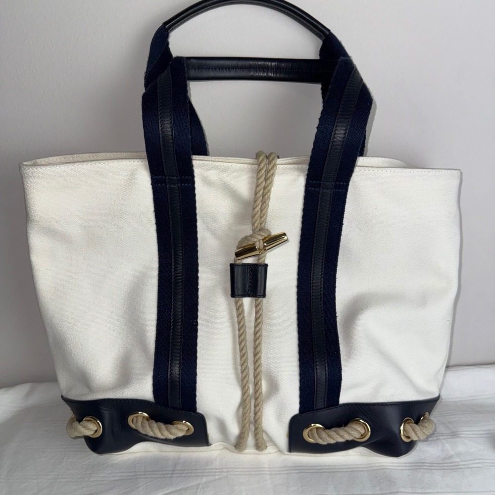 Ralph Lauren Canvas Tote Bag Rope Detail Nautical Handles Cream‎ Navy Accent
